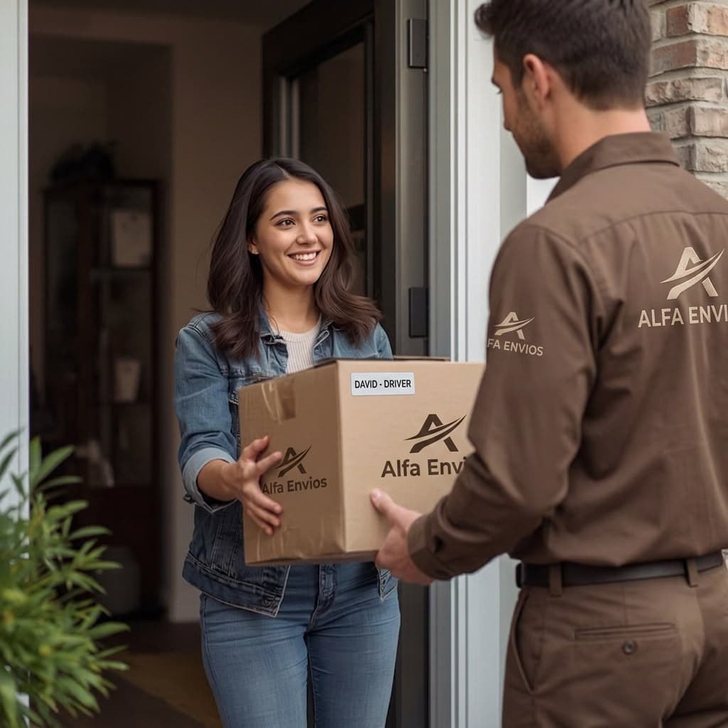 Chica atractiva recibiendo un paquete de entrega en sus manos de una compañía de envíos